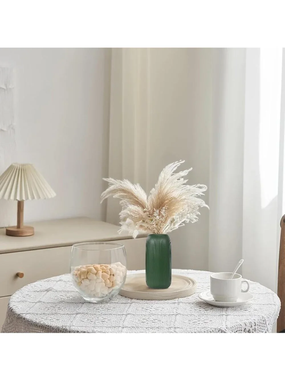 Modern Small Green Ceramic Vase Flowers Ribbed Textured Farmhouse Home Livings